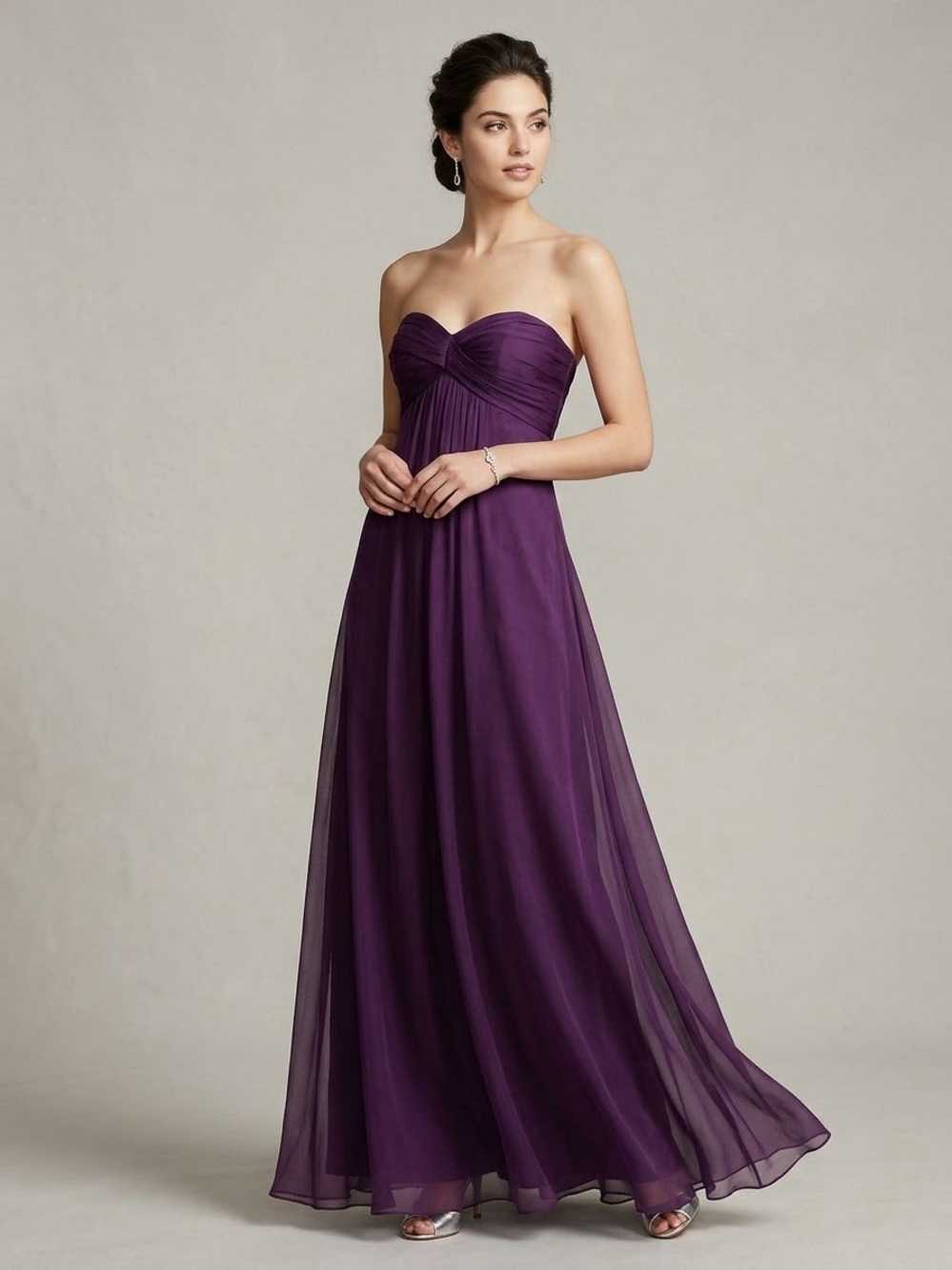 AMSALE 100% Silk Chiffon Strapless Ruched Empire Bodice Floor Length Gown